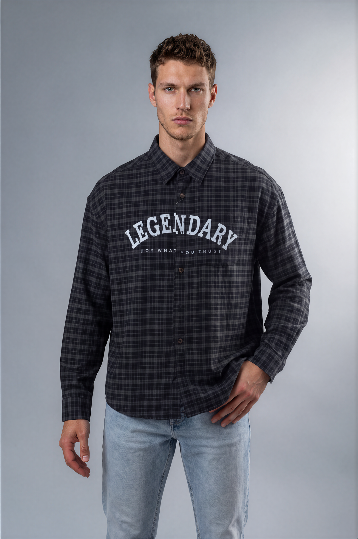 Black & Grey Checked LEGENDARY Graphic Shirt