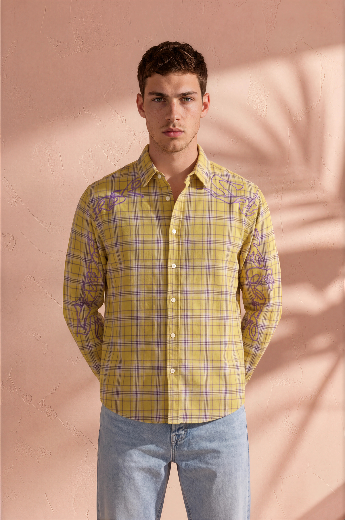 Mustard Yellow Plaid Graphic Full-Sleeve Shirt