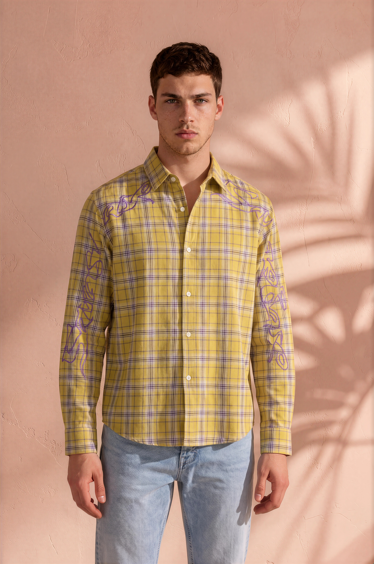 Mustard Yellow Plaid Graphic Full-Sleeve Shirt