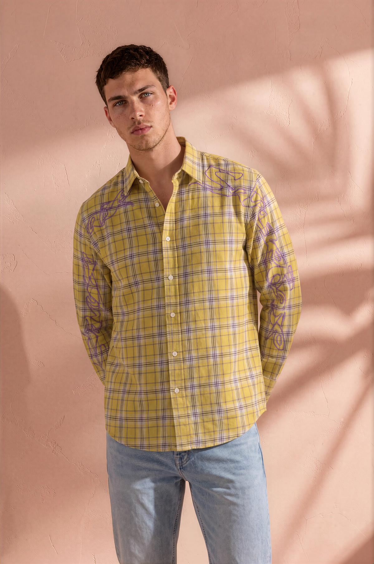Mustard Yellow Plaid Graphic Full-Sleeve Shirt