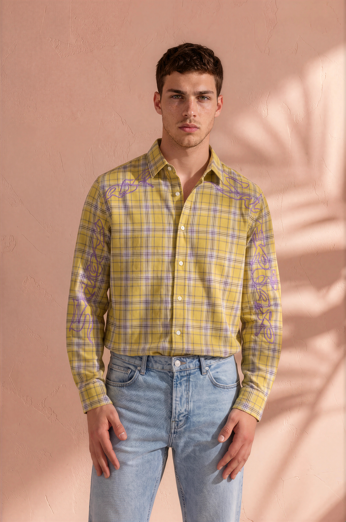 Mustard Yellow Plaid Graphic Full-Sleeve Shirt
