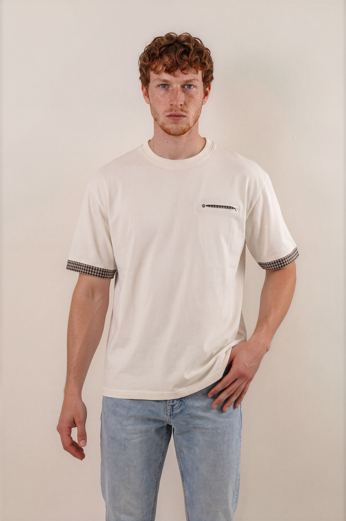 Off Cotton T-Shirt with Checkered Sleeve