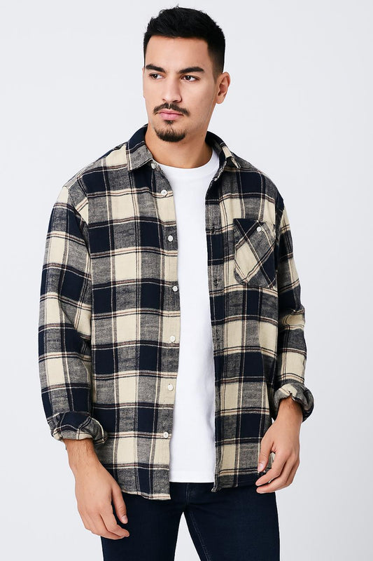 Beige & Navy Checked Casual Shirt