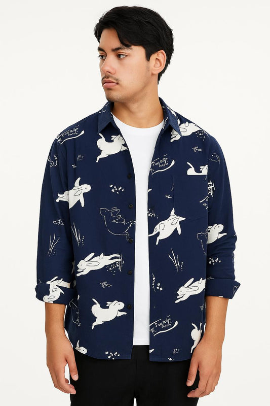 Navy Bunny Print Casual Shirt
